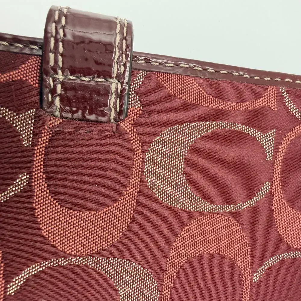Coach Signature Jacquard Checkbook Wallet Burgundy Pink - EUC
